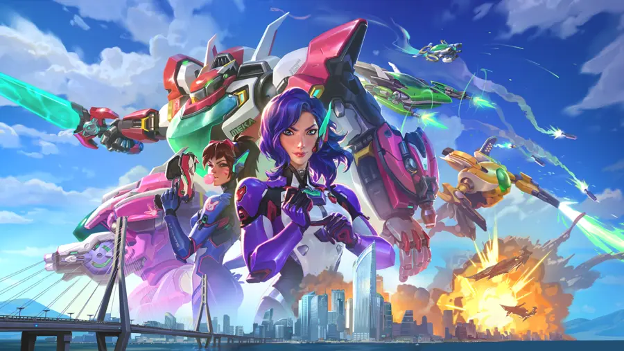 Reign of Talon Season 4 key art — D.Va, D.Mon and the MEKA squad over Busan